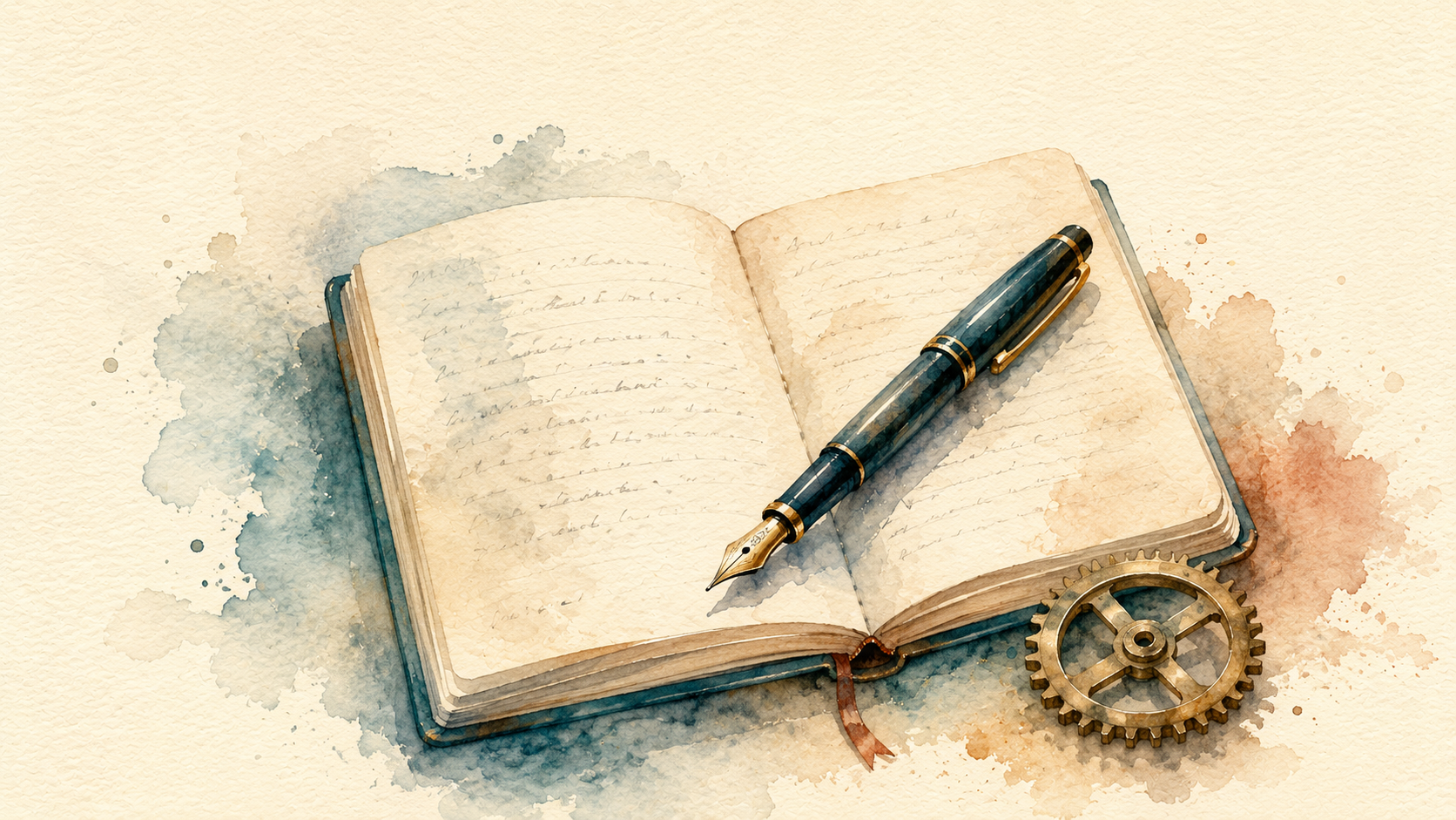 Aquarel van een open notitieboek met vulpen